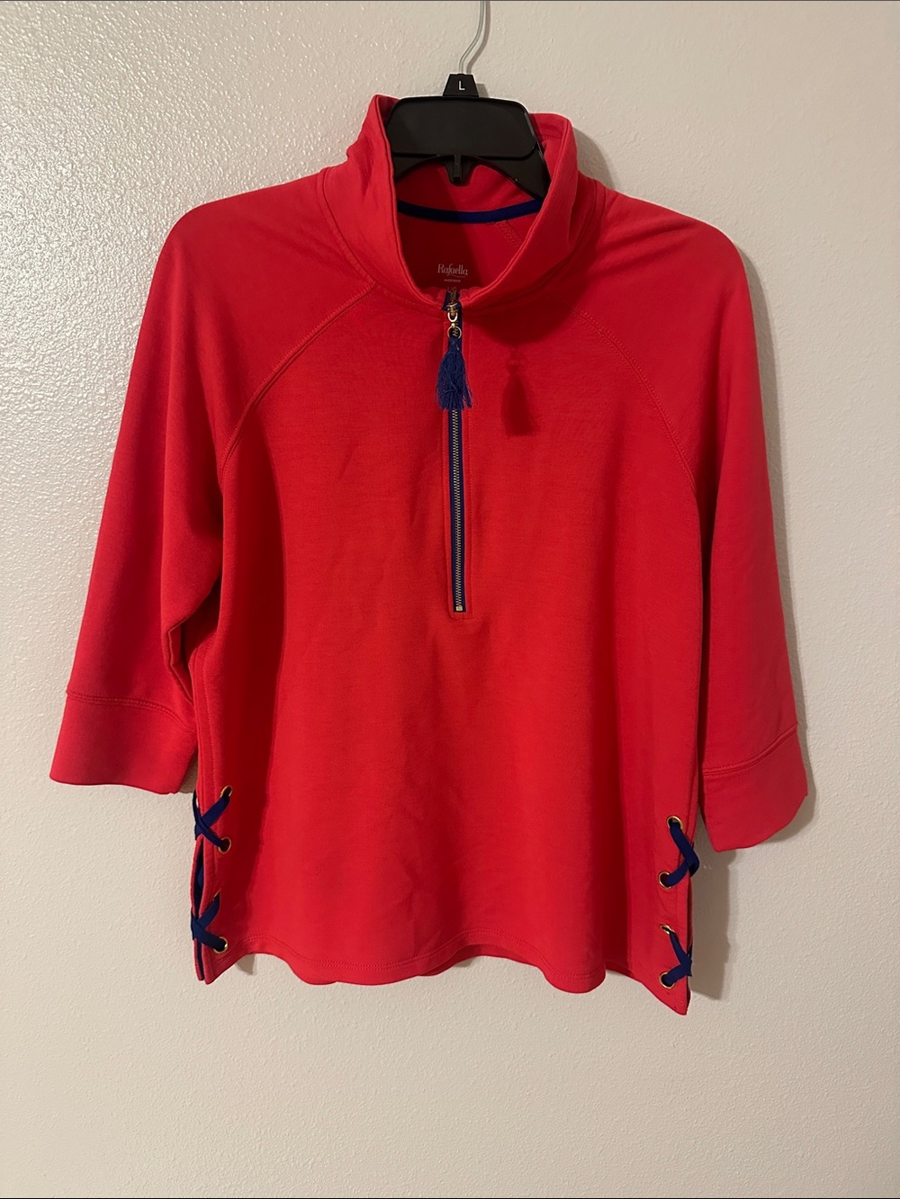 Rafaella Pink Half-Zip Pullover with Blue Trim and Tassel